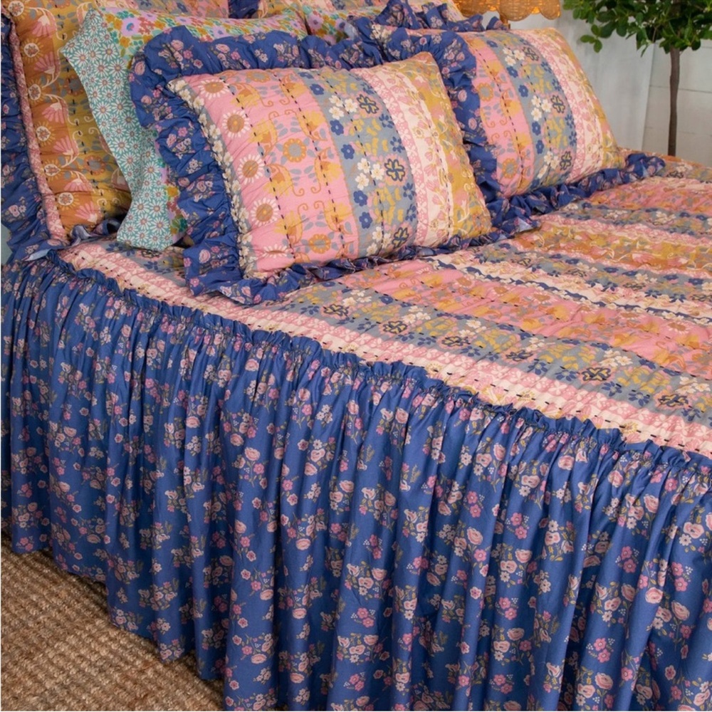 Natural Life King Size Floral Patchwork Quilt with attached skirt.